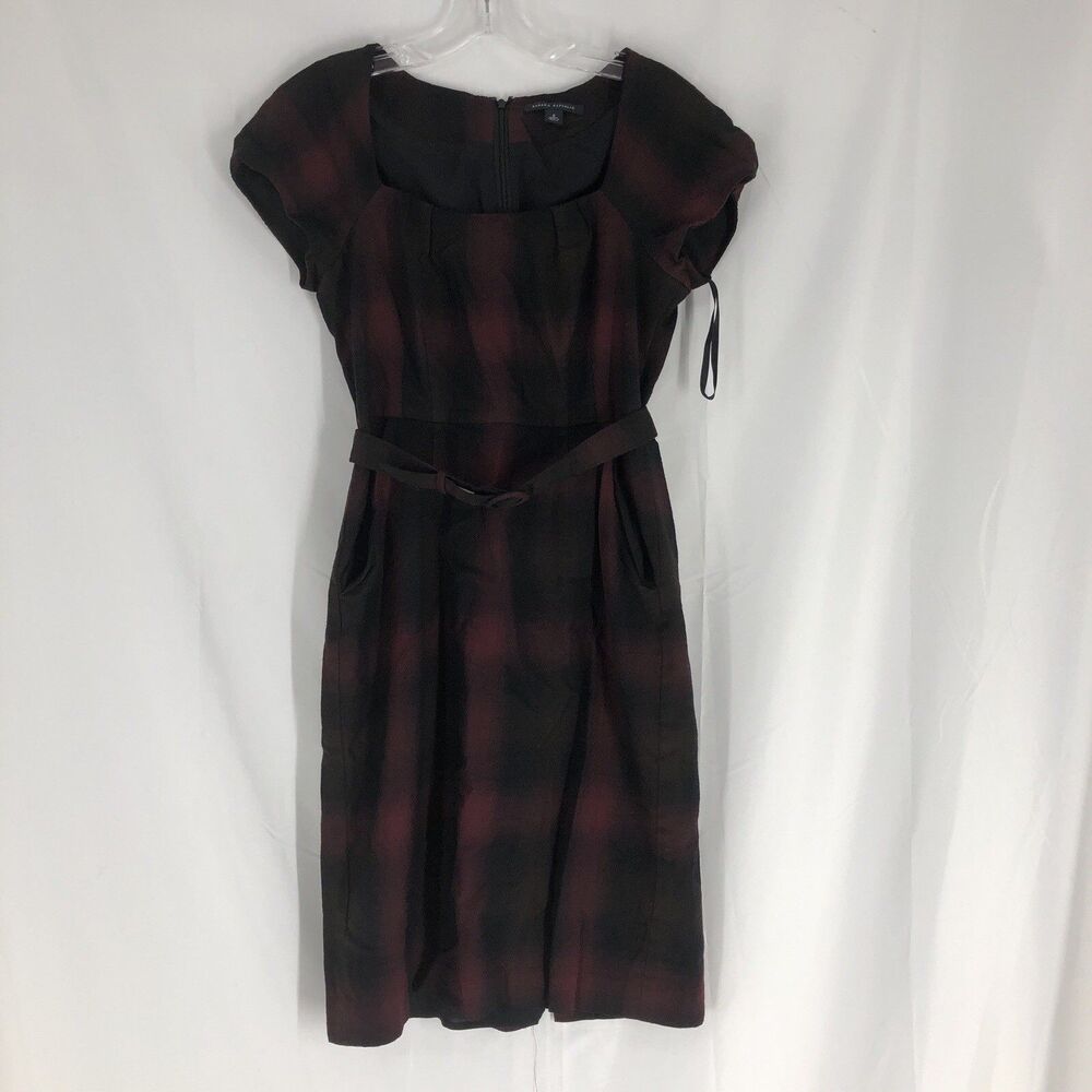 Banana Republic Red Plaid Square Neck Belted Sheath Dress Size 4
